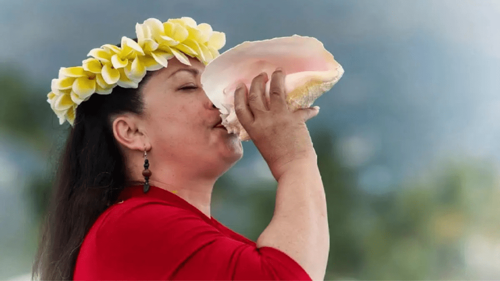 historical narrator in red with flower crown blowing into large conch shell on a big island historical sunset dinner cruise