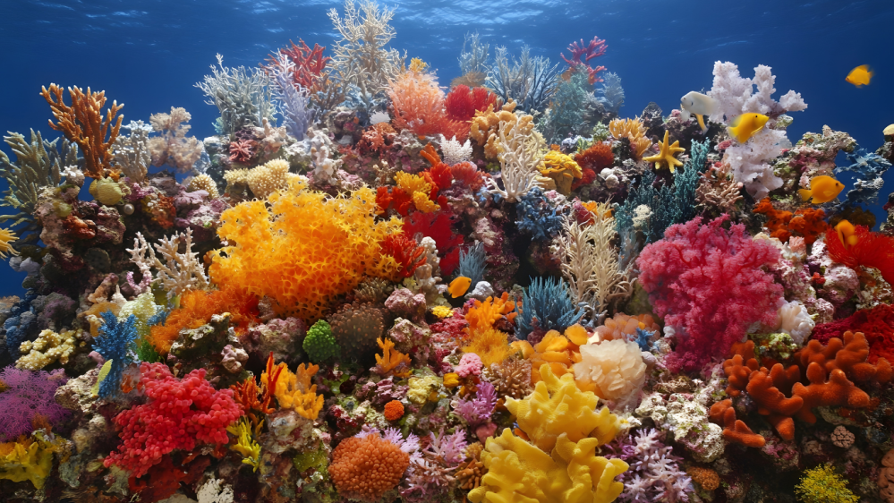 Colorful coral reef with diverse fish and vibrant marine life underwater.