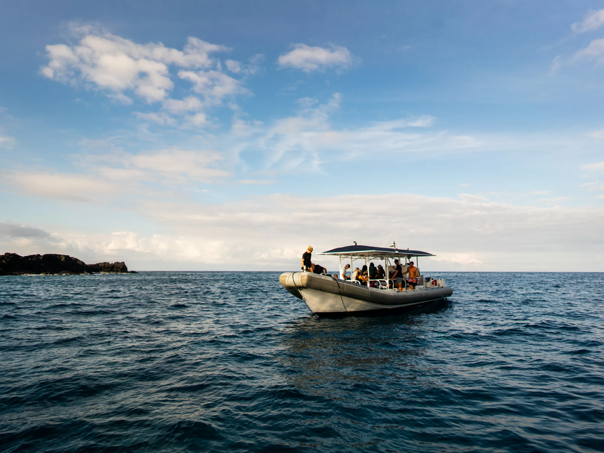Front view of the Kona Explorer super raft sitting still on the water