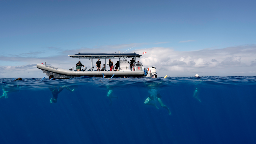 people snorkeling on body glove's super raft snorkel tour