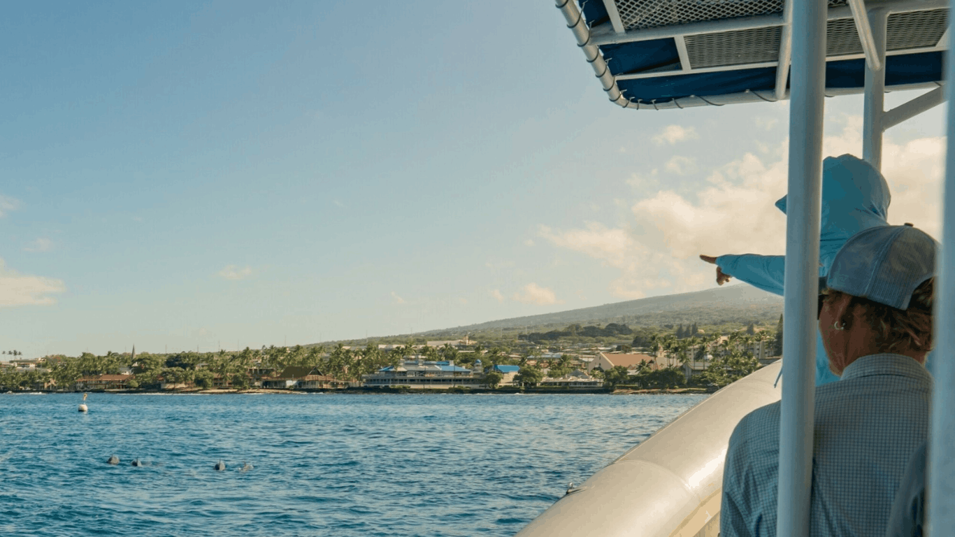 People on a kona hawaii eco tour looking towards the kona coast under clear blue sky.